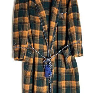 Vintage Wool Plaid Robe Coat w/ Tassel Belt